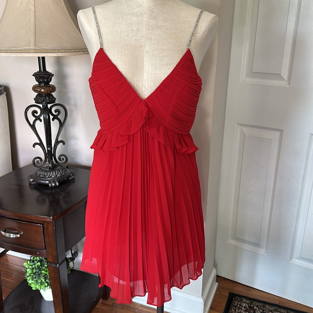 Michael Kors Red Pleated Mini Rhinestone strappy dress